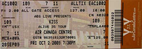 Ticket from Toronto, Canada 02 October 2009 show