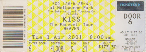 Ticket from Melbourne, 03 April 2001 show