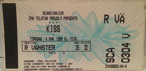 Ticket from Gothenburg, Sweden 04 March 1999 show