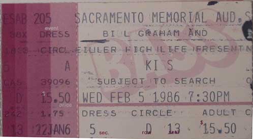Ticket from Sacramento, CA, USA 05 February 1986 show