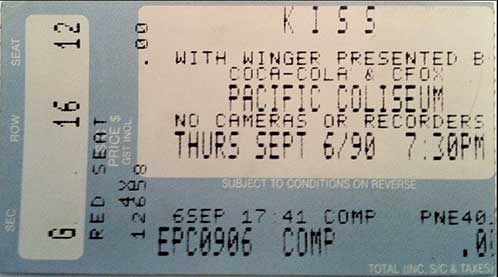 Ticket from Vancouver, Canada 06 September 1990 show