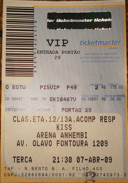 Ticket from Sao Paulo, Brazil 07 April 2009 show