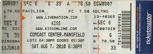 Ticket from Boston (Mansfield), MA, USA 07 August 2010 show