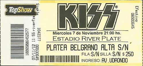 Ticket from 07 November 2012 show Buenos Aires, Argentina