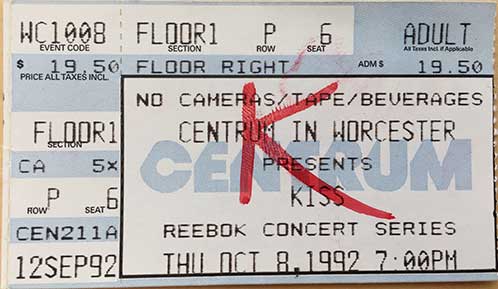 Ticket from Worcester, MA, USA 08 October 1992 show