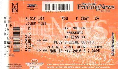 Ticket from 10 May 2010 show Manchester, England