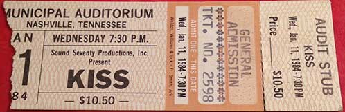 Ticket from Nashville, TN, USA 11 January 1984 show