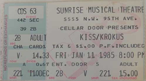 Ticket from Fort Lauderdale (Sunrise), FL, USA, 11 January 1985 show