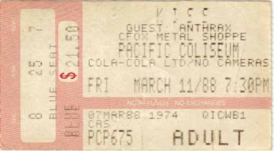 Ticket from Vancouver, Canada 11 March 1988 show
