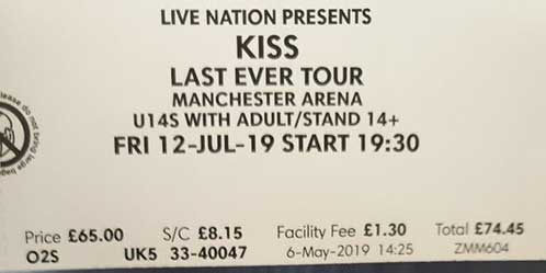 Ticket from Kiss Manchester, England 12 July 2019 show
