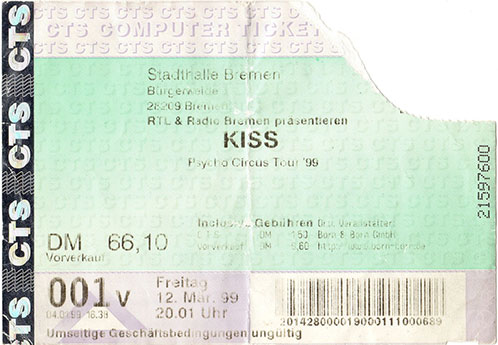 Ticket from Bremen, Germany 12 March 1999 show
