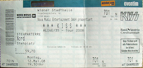 Ticket from Vienna, Austria 12 May 2008 show