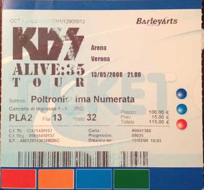 Ticket from Verona, Italy 13 May 2008 show