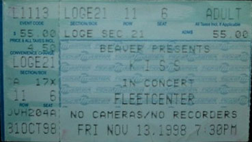 Ticket from Boston, MA, USA 13 November 1998 show