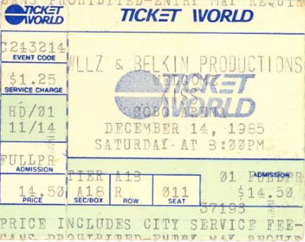 Ticket from Detroit, MI, USA 14 December 1985 show