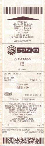 Ticket from 14 June 2013 show Prague, Czech Republic