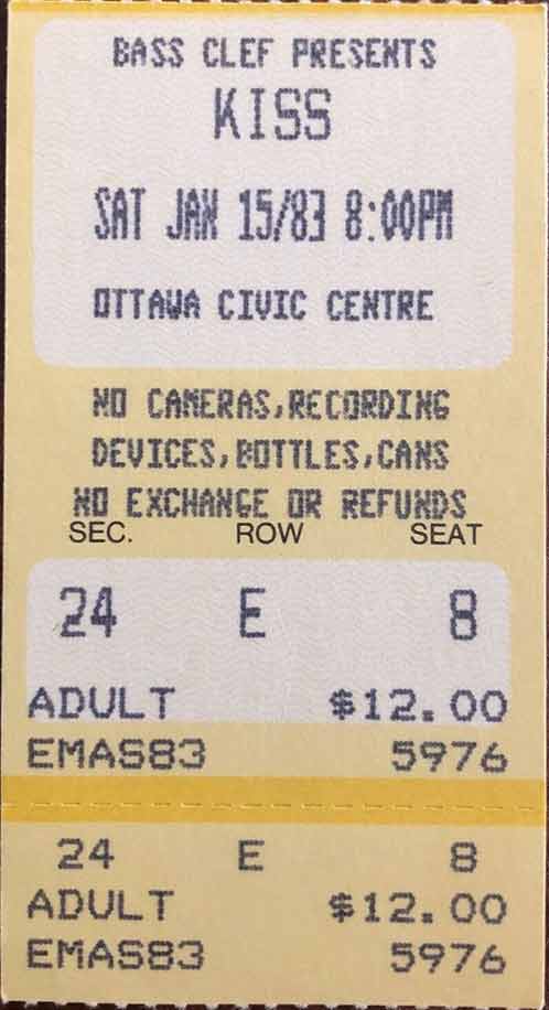 Ticket from Ottawa, Canada 15 January 1983 show