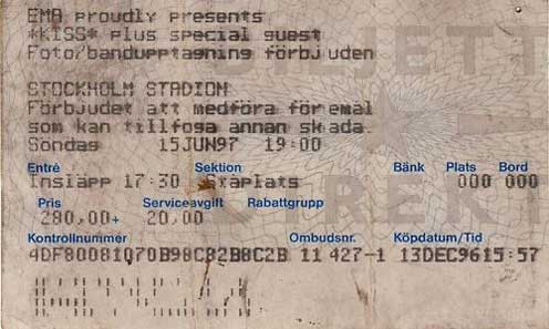 Ticket from Stockholm, Sweden 15 June 1997 show