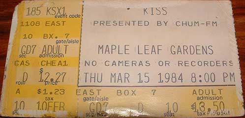 Ticket from Toronto, Canada 15 March 1984 show