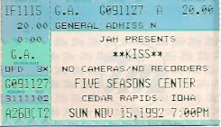Ticket from Cedar Rapids, IA, USA 15 November 1992 show