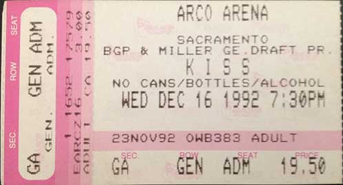 Ticket from Sacramento, CA, USA 16 December 1992 show