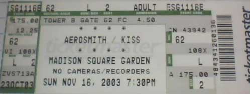 Ticket from New York, NY, USA 16 November 2003 show
