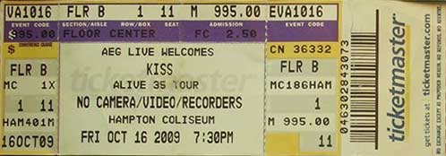 Ticket from Hampton, VA, USA 16 October 2009 show