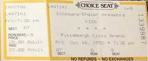 Ticket from Pittsburgh, PA, USA 16 October 1992 show