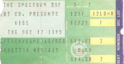 Ticket from Philadelphia, PA, USA 17 December 1985 show