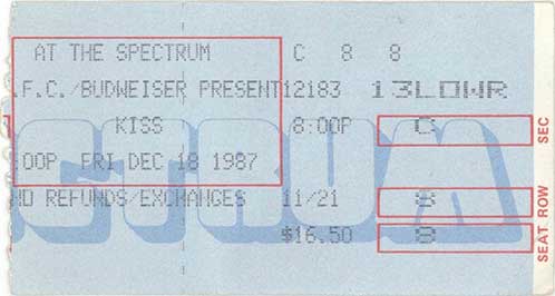 Ticket from Philadelphia, PA, USA 18 December 1987 show