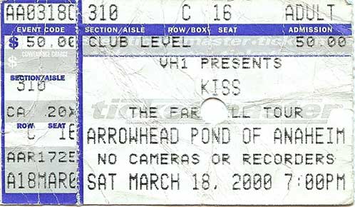 Ticket from Anaheim, CA, USA 18 March 2000 show
