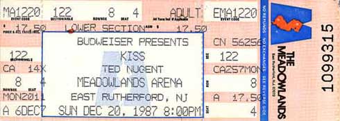 Ticket from East Rutherford, NJ, USA 20 December 1987 show