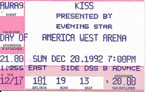Ticket from Phoenix, AZ, USA 20 December 1992 show