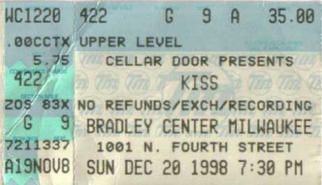 Ticket from Milwaukee, WI, USA 20 December 1998 show