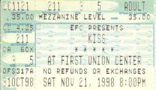 Ticket from Philadelphia, PA, USA 21 November 1998 show