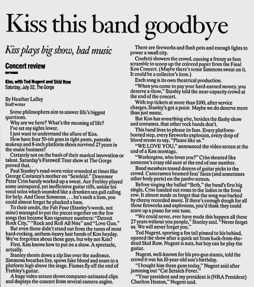 Concert review from Gorge Ampitheatre, George, WA, USA 22 Jul 00. Published in 'The Spokesman' 24 Jul 00