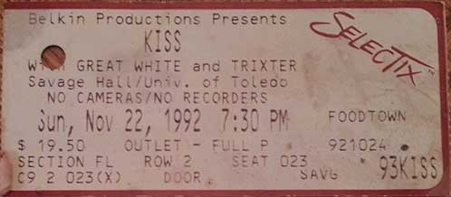 Ticket from Toledo, OH, USA 22 November 1992 show