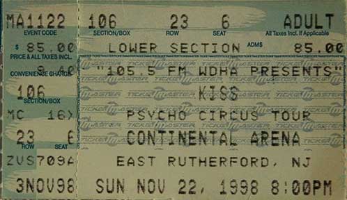 Ticket from East Rutherford, NJ, USA 22 November 1998 show