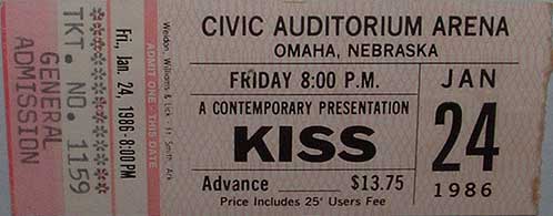 Ticket from Omaha, NB, USA 24 January 1986 show