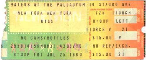 Ticket from 25 July 1980 show New York, NY, USA