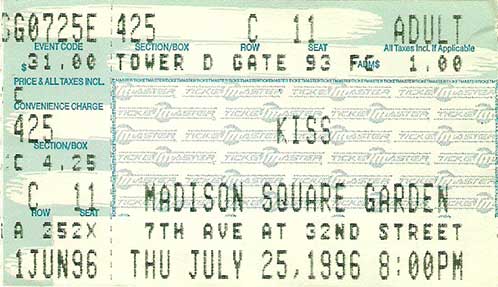 Ticket from 25 July 1996 show New York, NY, USA