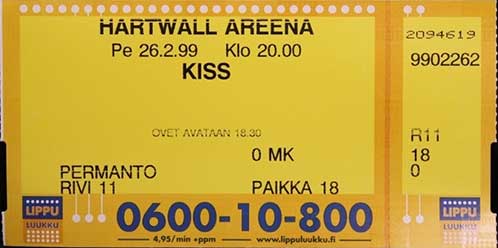 Ticket from Helsinki, Finland 26 February 1999 show