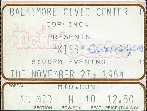 Ticket from Baltimore, MD, USA 27 November 1984 show