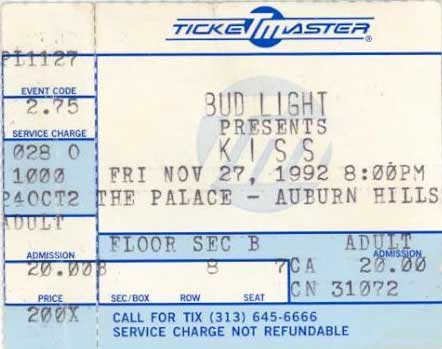 Ticket from Detroit, MI, USA 27 November 1992 show