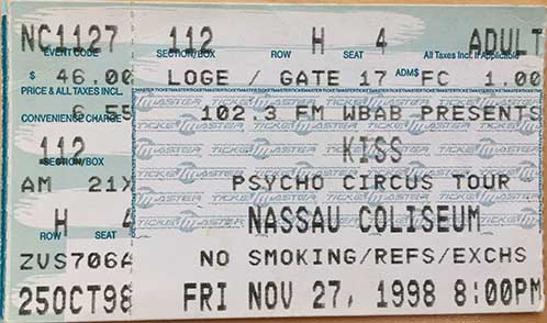 Ticket from Uniondale, NY, USA 27 November 1998 show