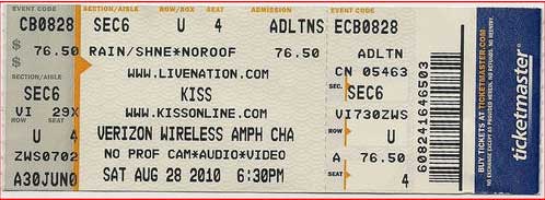 Ticket from Charlotte, NC, USA 28 August 2010 show