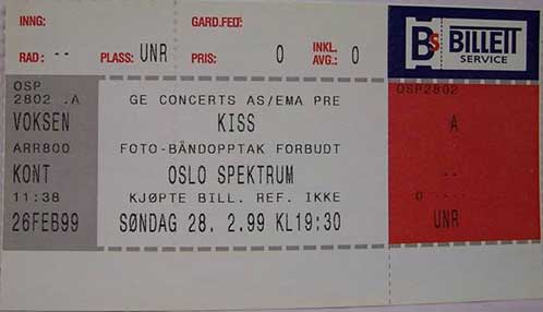 Ticket from Oslo, Norway 28 February 1999 show