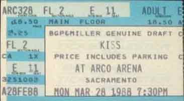 Ticket from Sacramento, CA, USA 28 March 1988 show