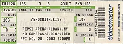 Ticket from Albany, NY, USA 28 November 2003 show