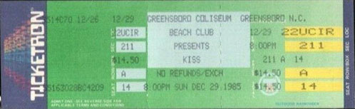 Ticket from Greensboro, NC, USA 29 December 1985 show
